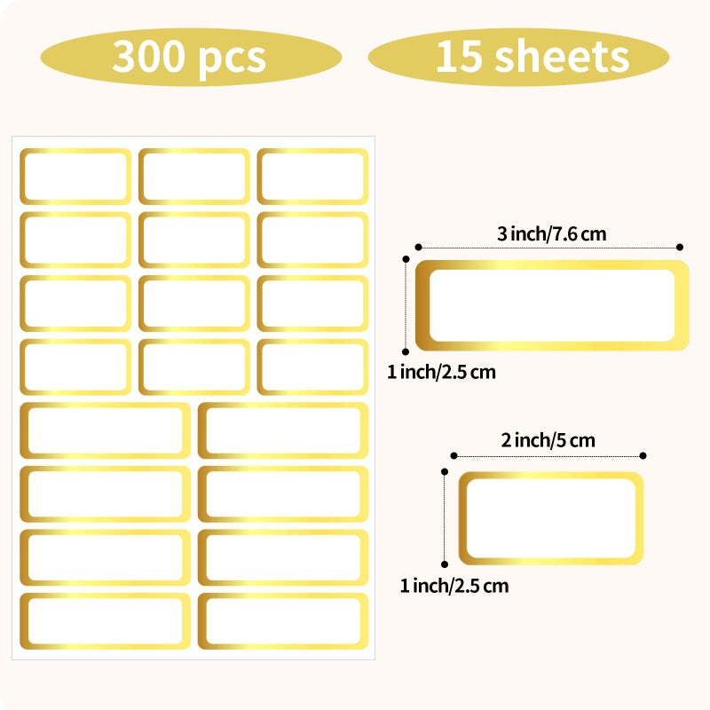 STARLIBOO Gold Labels Stickers, Removable Blank Labels Gold Border, Self-Adhesive Rectangular Stickers Water/Oil/Tear Resistant for Storage, Classroom, Home (2 Size, 300 Sheet) - Image 2